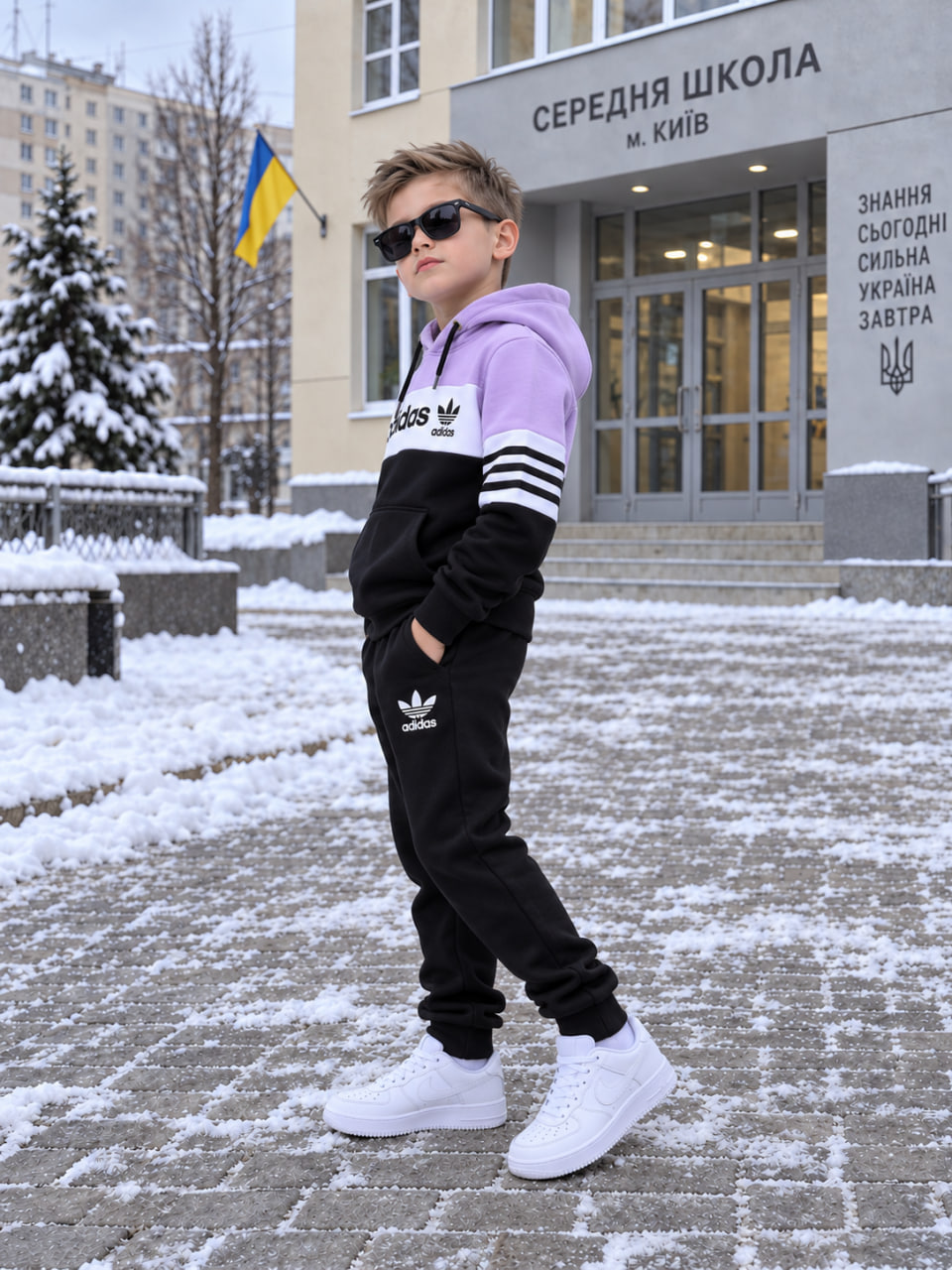 Лавандовий дитячий зимовий костюм Adidas на флісі — фото 2